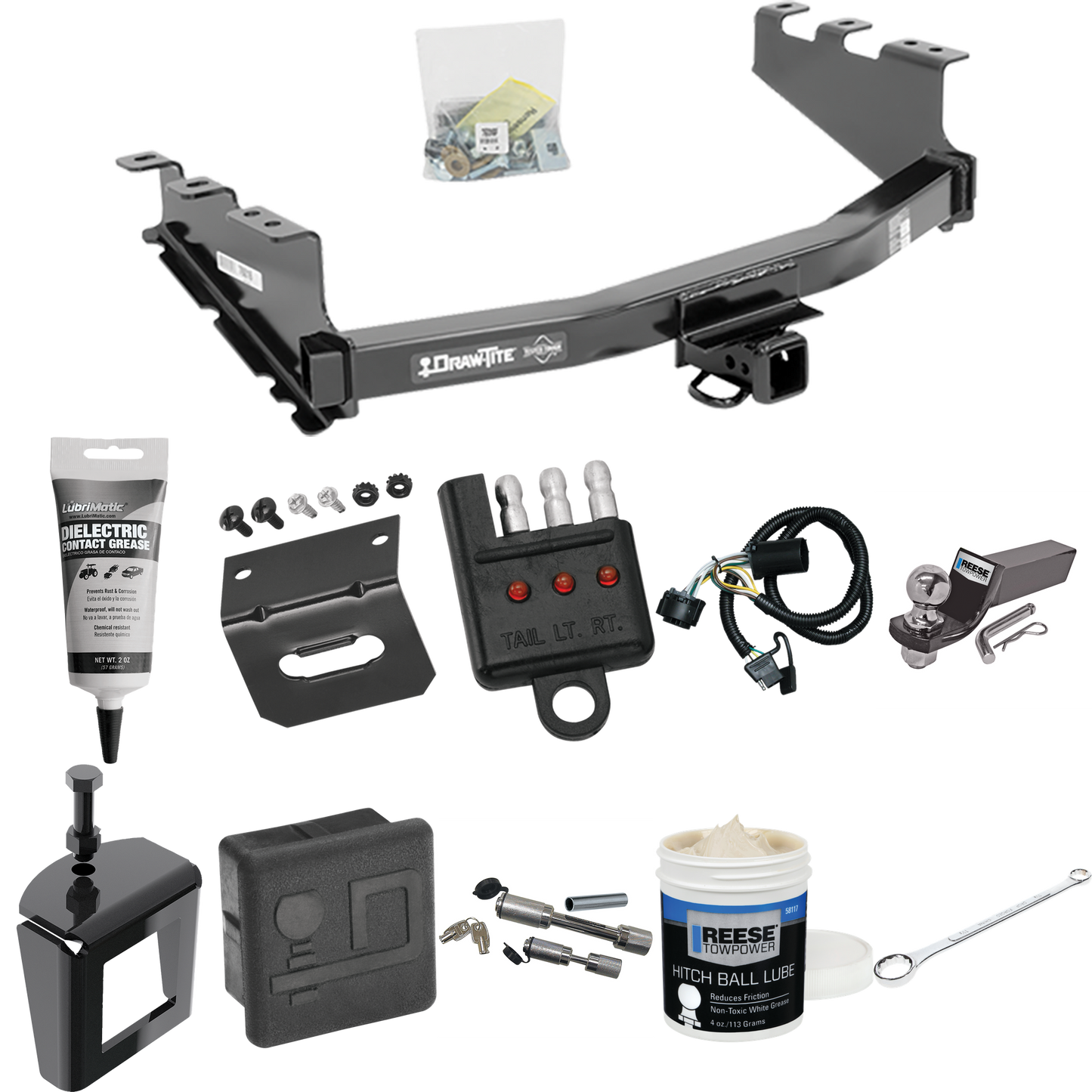 Fits 2019-2019 GMC Sierra 1500 LD (Old Body) Trailer Hitch Tow PKG w/ 4-Flat Wiring + Starter Kit Ball Mount w/ 2" Drop & 2" Ball + Wiring Bracket + Hitch Cover + Dual Hitch & Coupler Locks + Wiring Tester + Ball Lube + Electric Grease + Ball Wrench