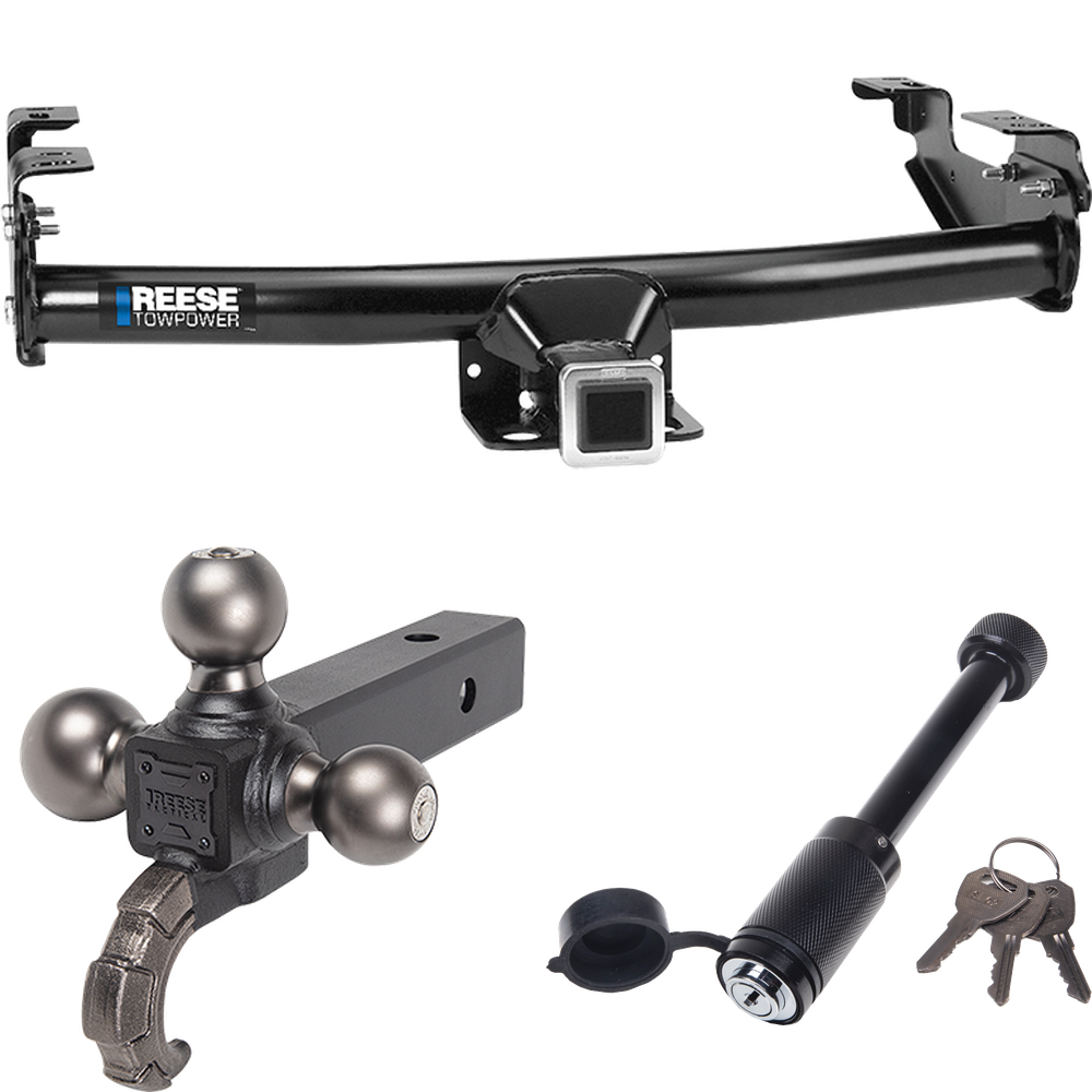 Fits 1999-2004 Ford F-350 Super Duty Trailer Hitch Tow PKG + Triple Ball Tactical Ball Mount 1-7/8" & 2" & 2-5/16" Balls w/ Tow Hook + Tactical Dogbone Lock (Excludes: Cab & Chassis Models) By Reese Towpower