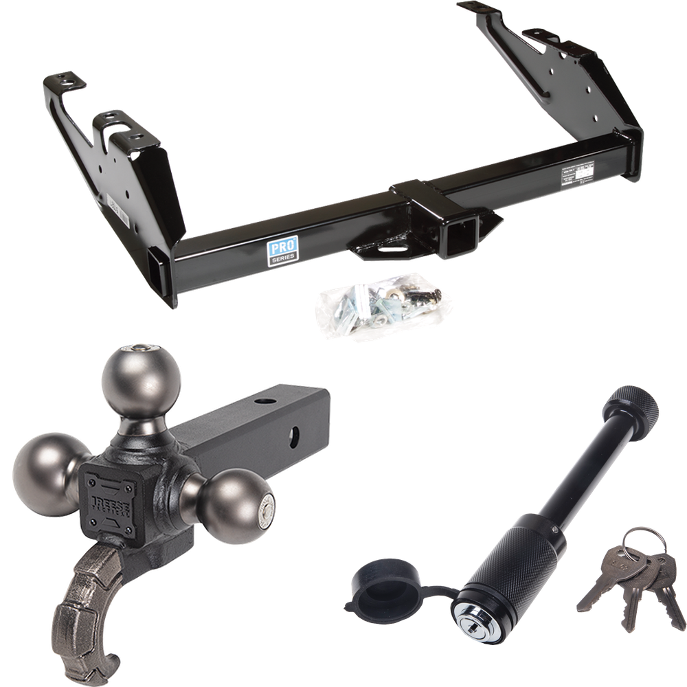 Fits 1988-2000 Chevrolet C3500 Trailer Hitch Tow PKG + Triple Ball Tactical Ball Mount 1-7/8" & 2" & 2-5/16" Balls w/ Tow Hook + Tactical Dogbone Lock (For Regular & Extended Cabs Models) By Reese Towpower