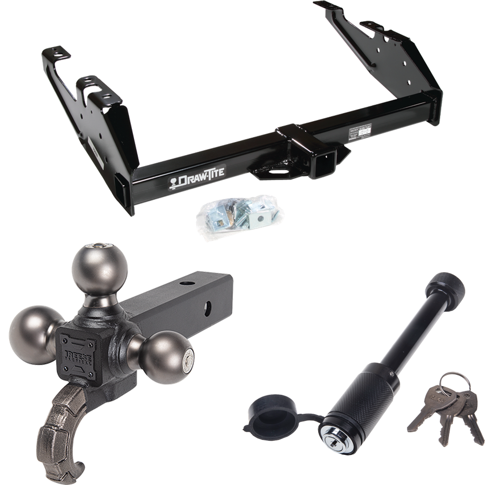 Fits 1992-2000 Chevrolet C3500 Trailer Hitch Tow PKG + Triple Ball Tactical Ball Mount 1-7/8" & 2" & 2-5/16" Balls w/ Tow Hook + Tactical Dogbone Lock (For Crew Cab Models) By Draw-Tite