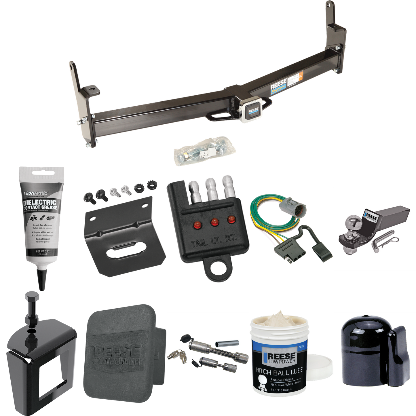 Fits 1995-2001 Ford Explorer Trailer Hitch Tow PKG w/ 4-Flat Wiring + Starter Kit Ball Mount w/ 2" Drop & 2" Ball + 1-7/8" Ball + Wiring Bracket + Dual Hitch & Coupler Locks + Hitch Cover + Wiring Tester + Ball Lube + Electric Grease + Ball Wrench +