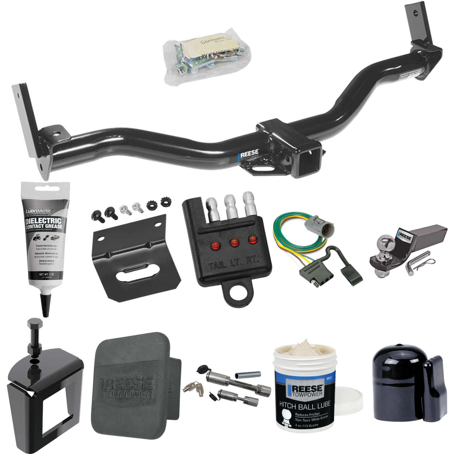 Fits 1995-2001 Ford Explorer Trailer Hitch Tow PKG w/ 4-Flat Wiring + Starter Kit Ball Mount w/ 2" Drop & 2" Ball + 1-7/8" Ball + Wiring Bracket + Dual Hitch & Coupler Locks + Hitch Cover + Wiring Tester + Ball Lube + Electric Grease + Ball Wrench +