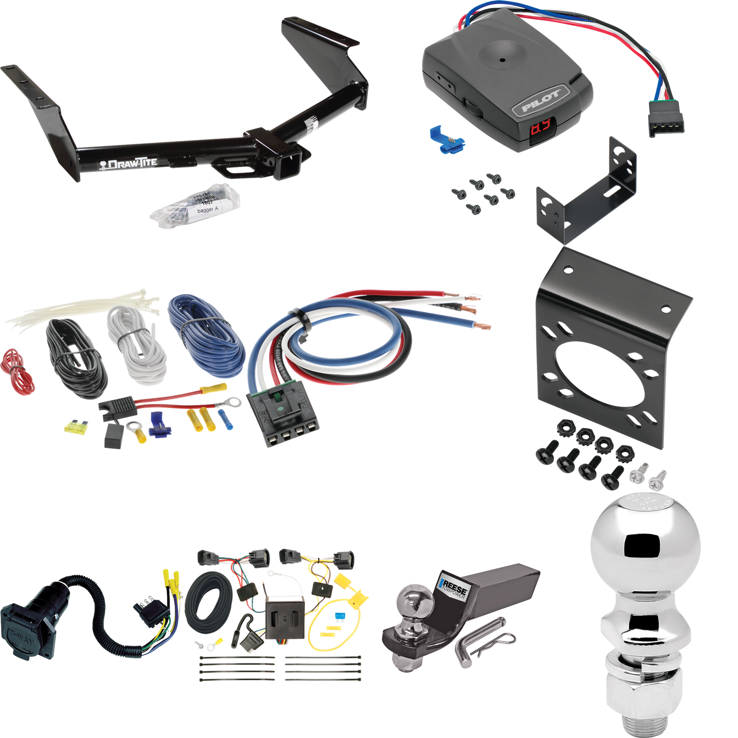 Se adapta al paquete de enganche de remolque Jeep Liberty 2008-2012 con control de freno piloto Pro Series + adaptador de cableado BC genérico + cableado RV de 7 vías + soporte de bola y caída de 2" y 2-5/16" de Draw-Tite