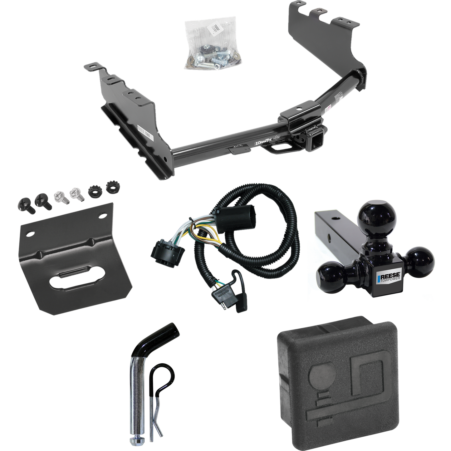 Fits 2019-2019 Chevrolet Silverado 1500 LD (Old Body) Trailer Hitch Tow PKG w/ 4-Flat Wiring + Triple Ball Ball Mount 1-7/8" & 2" & 2-5/16" Trailer Balls + Pin/Clip + Wiring Bracket + Hitch Cover By Draw-Tite