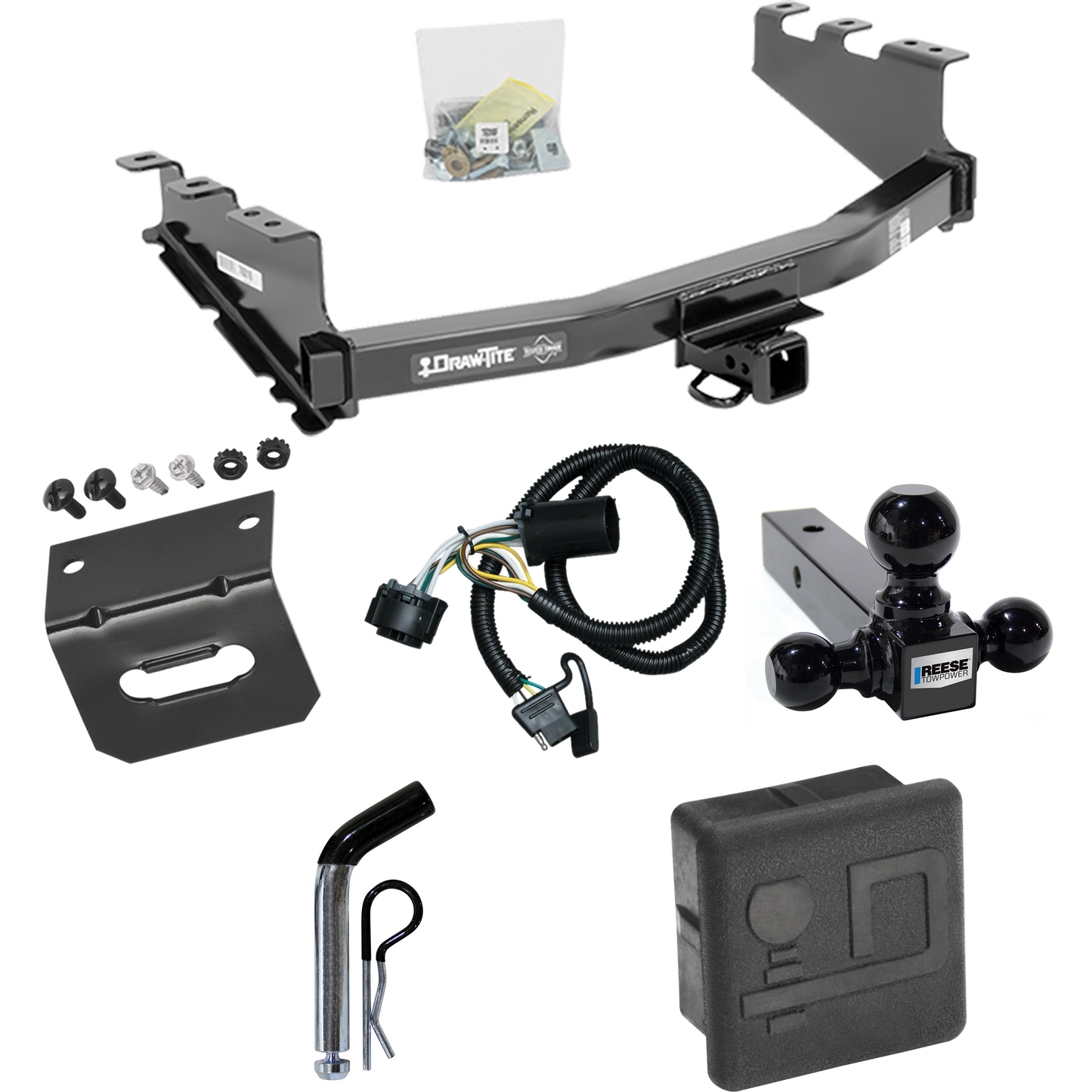 Se adapta al paquete de enganche de remolque GMC Sierra 1500 2014-2018 con 4 cables planos + soporte de bola triple de 1-7/8" y 2" y 2-5/16" + pasador/clip + soporte de cableado + cubierta de enganche Por Draw-Tite