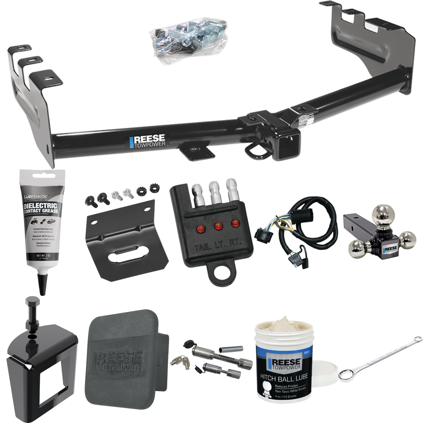 Fits 2007-2013 Chevrolet Silverado 1500 Trailer Hitch Tow PKG w/ 4-Flat Wiring + Triple Ball Ball Mount 1-7/8" & 2" & 2-5/16" Trailer Balls + Wiring Bracket + Hitch Cover + Dual Hitch & Coupler Locks + Wiring Tester + Ball Lube + Electric Grease + Ba