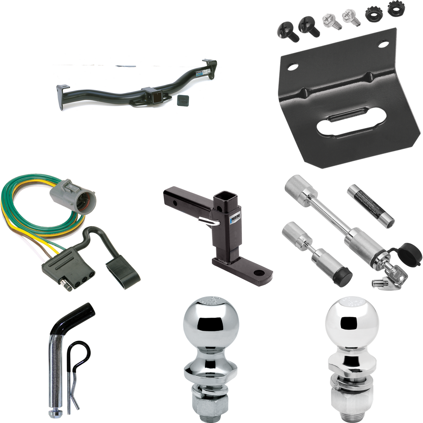 Fits 1997-2001 Mercury Mountaineer Trailer Hitch Tow PKG w/ 4-Flat Wiring Harness + Adjustable Drop Rise Ball Mount + Pin/Clip + 2" Ball + 1-7/8" Ball + Dual Hitch & Coupler Locks (For w/Factory Tow Package Models) By Reese Towpower