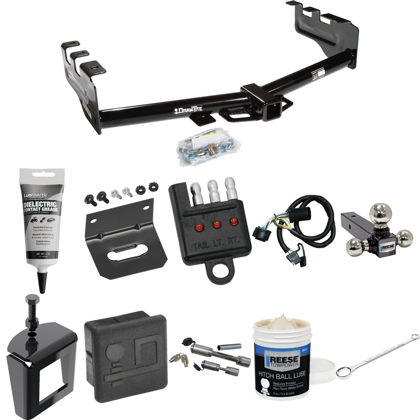 Fits 2007-2013 GMC Sierra 1500 Trailer Hitch Tow PKG w/ 4-Flat Wiring + Triple Ball Ball Mount 1-7/8" & 2" & 2-5/16" Trailer Balls + Wiring Bracket + Hitch Cover + Dual Hitch & Coupler Locks + Wiring Tester + Ball Lube + Electric Grease + Ball Wrench