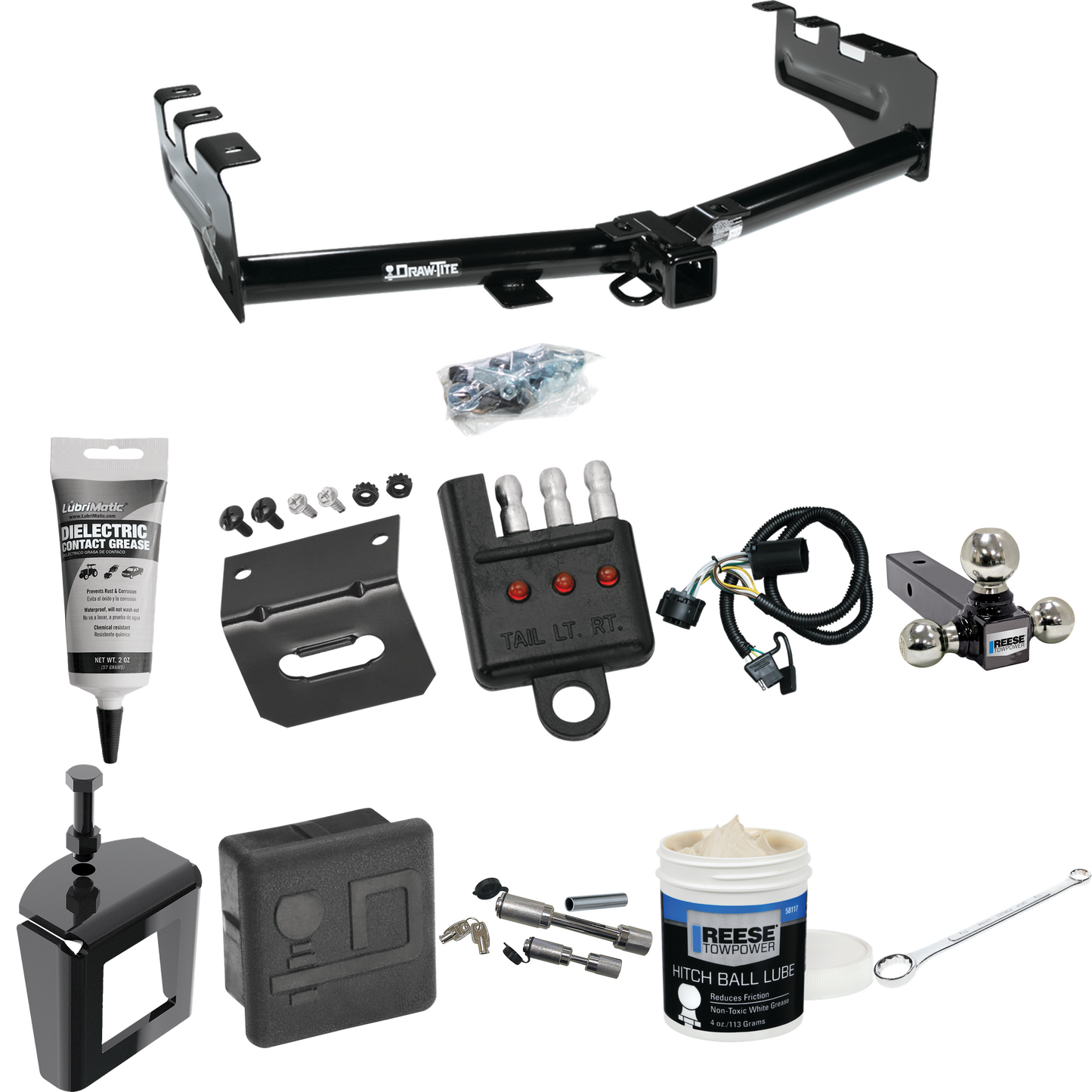 Fits 2007-2013 GMC Sierra 1500 Trailer Hitch Tow PKG w/ 4-Flat Wiring + Triple Ball Ball Mount 1-7/8" & 2" & 2-5/16" Trailer Balls + Wiring Bracket + Hitch Cover + Dual Hitch & Coupler Locks + Wiring Tester + Ball Lube + Electric Grease + Ball Wrench