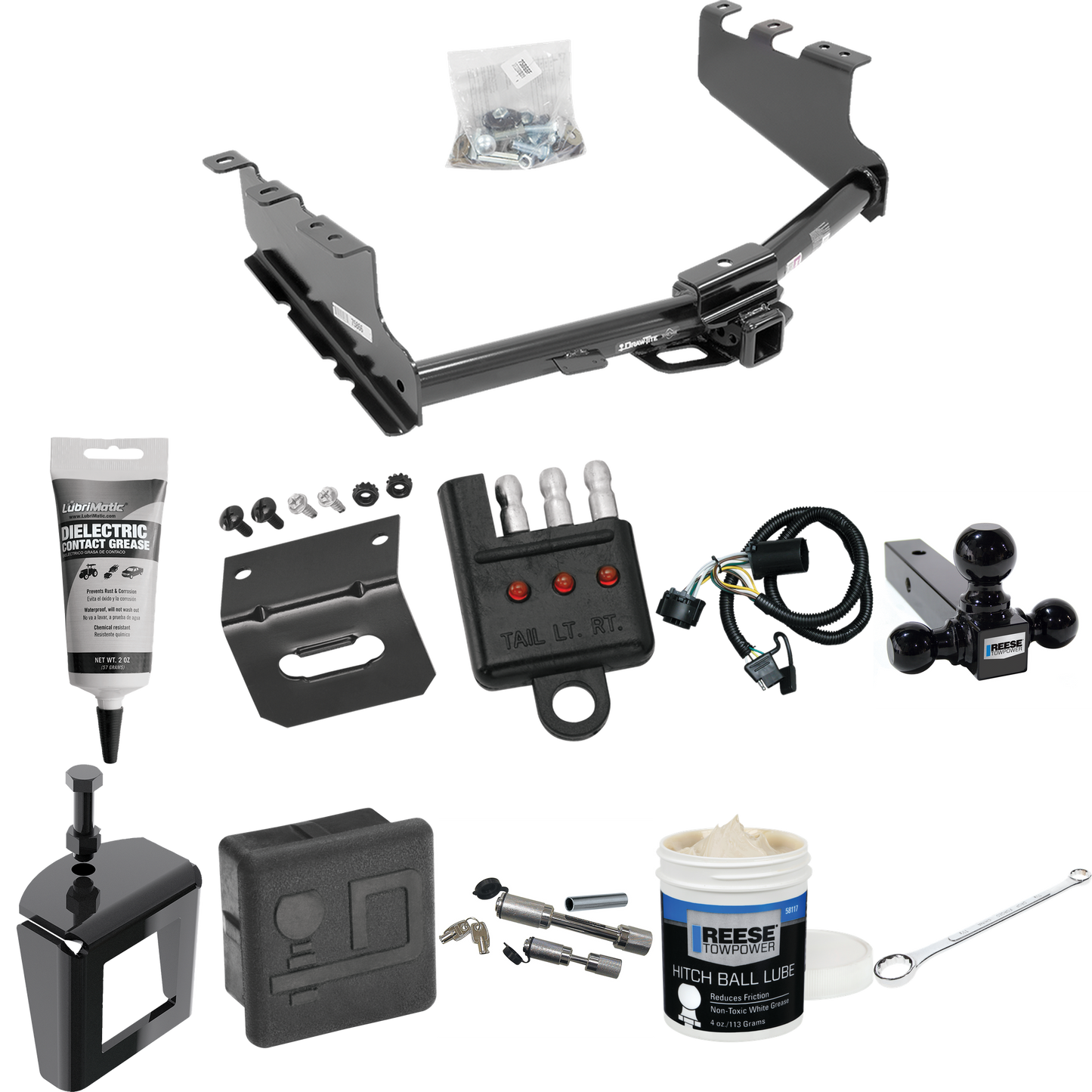 Fits 2019-2019 Chevrolet Silverado 1500 LD (Old Body) Trailer Hitch Tow PKG w/ 4-Flat Wiring + Triple Ball Ball Mount 1-7/8" & 2" & 2-5/16" Trailer Balls + Wiring Bracket + Hitch Cover + Dual Hitch & Coupler Locks + Wiring Tester + Ball Lube + Electr