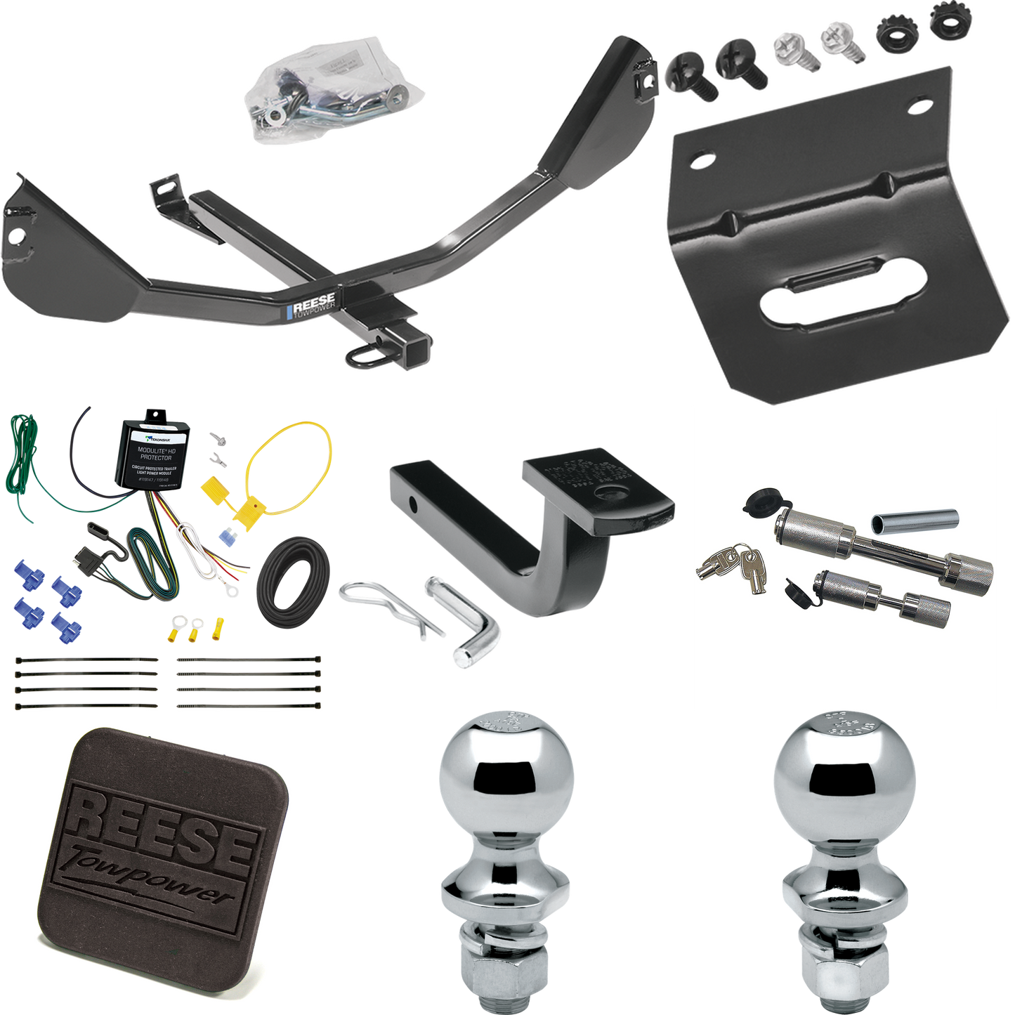 Fits 2010-2015 Chevrolet Camaro Trailer Hitch Tow PKG w/ 4-Flat Wiring Harness + Draw-Bar + 1-7/8" + 2" Ball + Wiring Bracket + Hitch Cover + Dual Hitch & Coupler Locks (Excludes: Convertible & w/Dealer Installed Ground Effects Models) By Reese Towpo