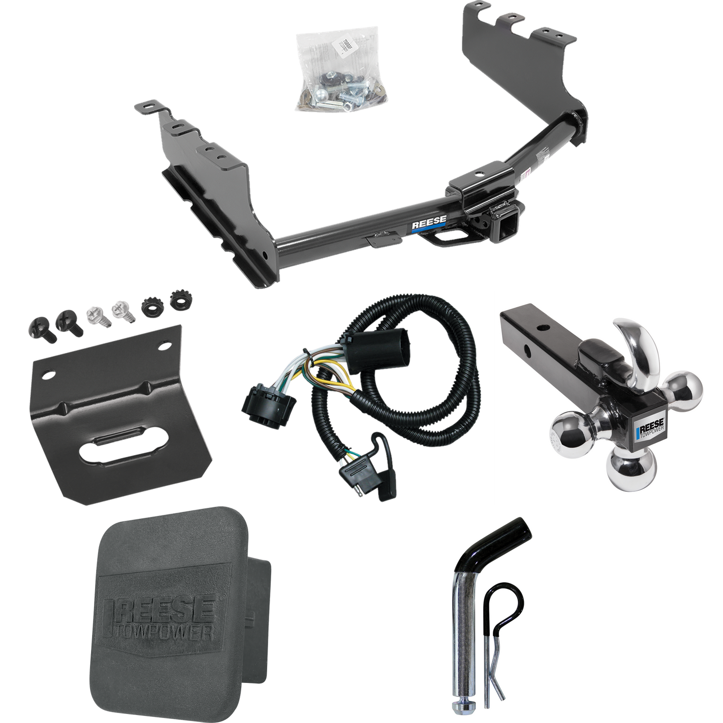 Se adapta al paquete de enganche de remolque GMC Sierra 1500 2014-2018 con 4 cables planos + soporte de bola triple de 1-7/8" y 2" y 2-5/16" con gancho de remolque + pasador/clip + cableado Soporte + cubierta de enganche de Reese Towpower