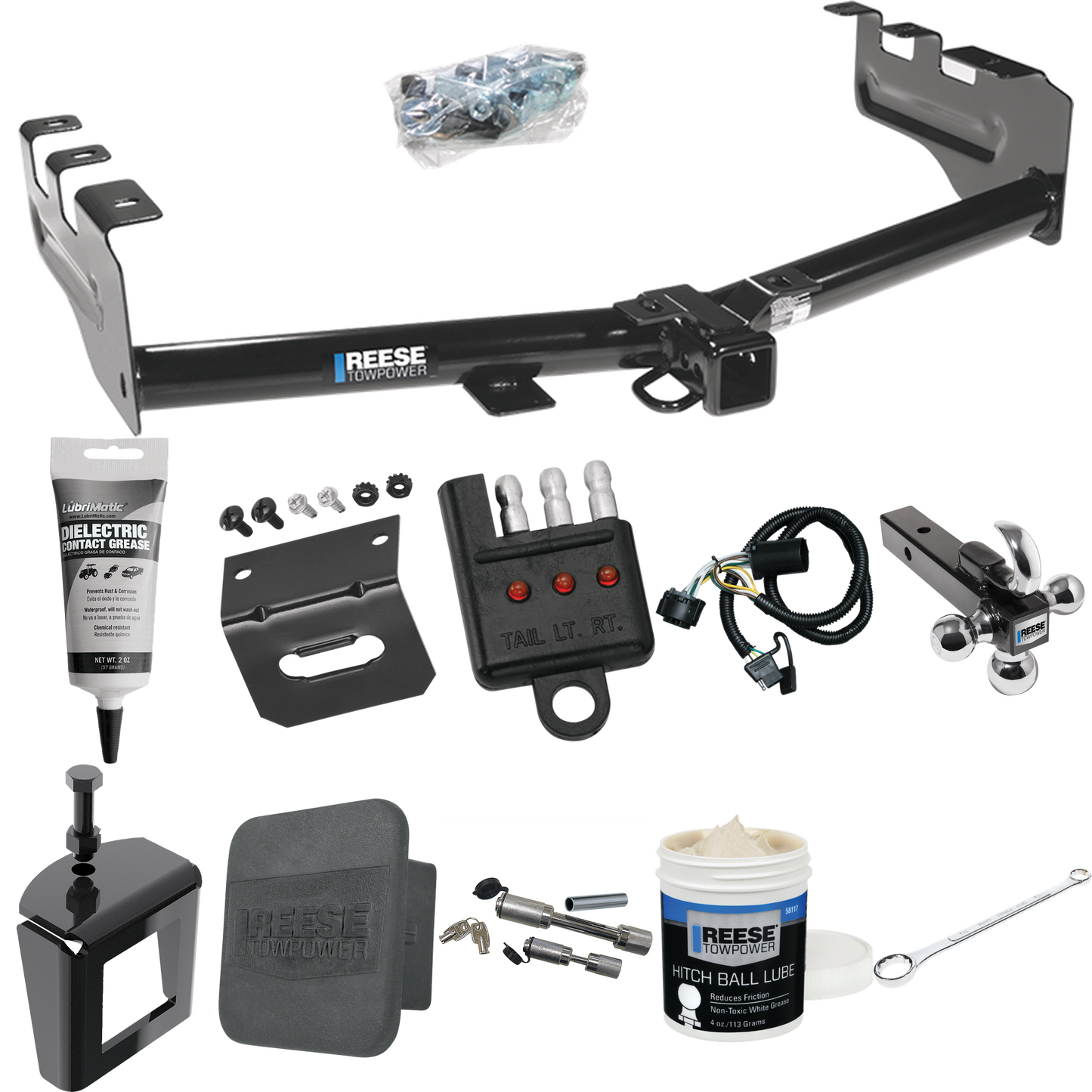 Fits 2007-2013 GMC Sierra 1500 Trailer Hitch Tow PKG w/ 4-Flat Wiring + Triple Ball Ball Mount 1-7/8" & 2" & 2-5/16" Trailer Balls w/ Tow Hook + Wiring Bracket + Hitch Cover + Dual Hitch & Coupler Locks + Wiring Tester + Ball Lube + Electric Grease +