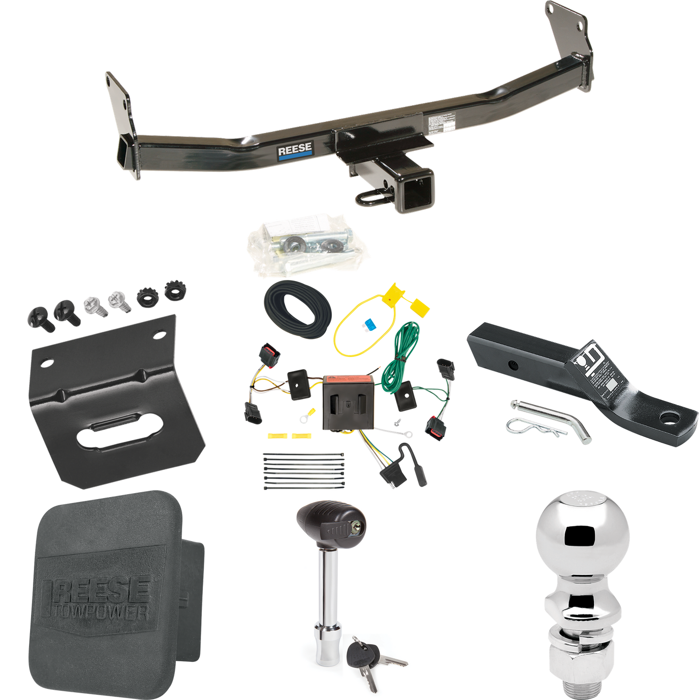 Fits 2008-2017 Jeep Patriot Trailer Hitch Tow PKG w/ 4-Flat Wiring + Ball Mount w/ 2" Drop + 2-5/16" Ball + Wiring Bracket + Hitch Lock + Hitch Cover By Reese Towpower