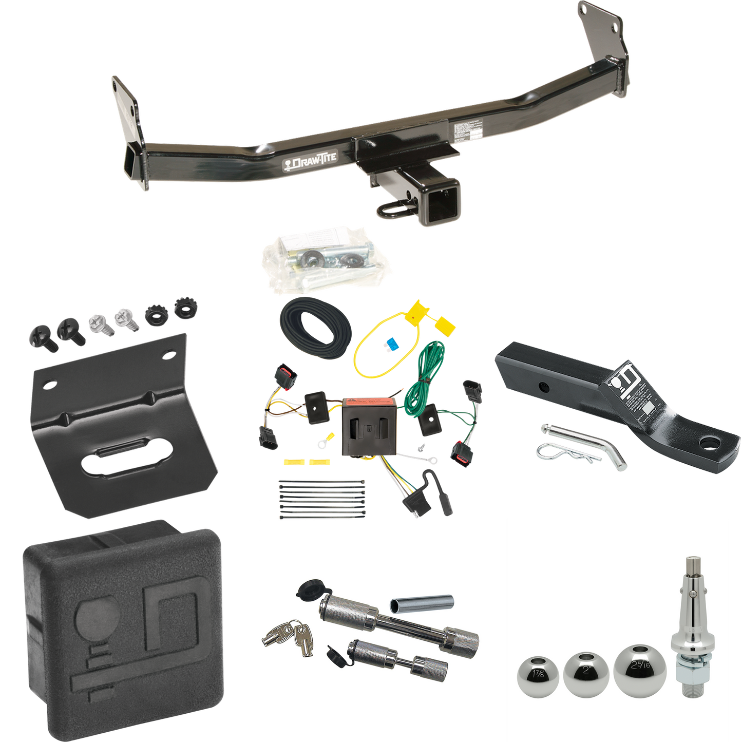 Fits 2008-2017 Jeep Patriot Trailer Hitch Tow PKG w/ 4-Flat Wiring + Ball Mount w/ 2" Drop + Interchangeable Ball 1-7/8" & 2" & 2-5/16" + Wiring Bracket + Dual Hitch & Coupler Locks + Hitch Cover By Draw-Tite