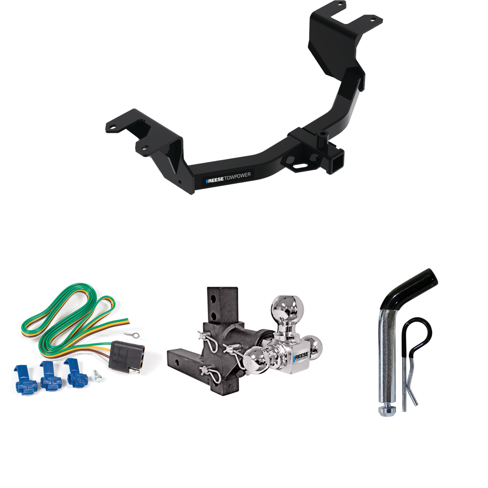 Fits 2019-2023 Chevrolet Silverado 1500 Trailer Hitch Tow PKG w/ 4-Flat Wiring Harness + Adjustable Drop Rise Triple Ball Ball Mount 1-7/8" & 2" & 2-5/16" Trailer Balls + Pin/Clip By Reese Towpower