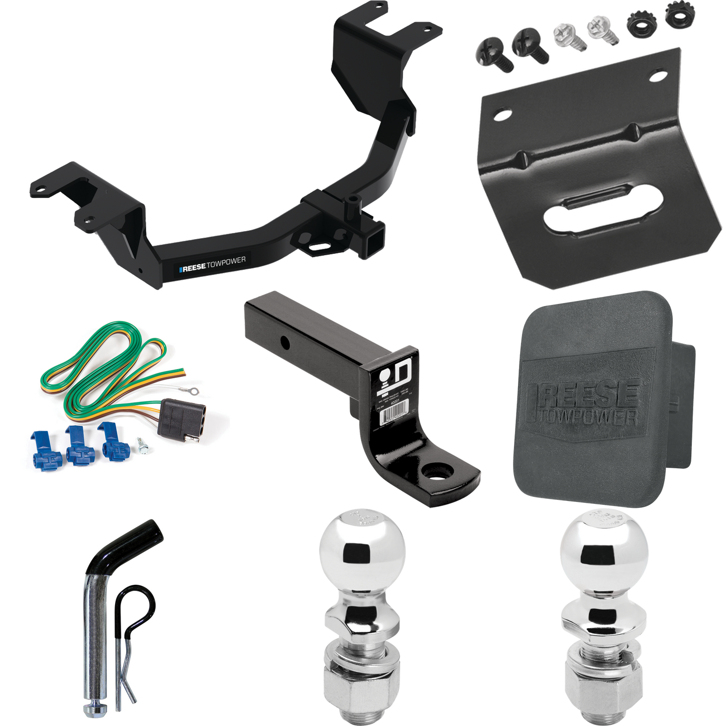 Fits 2019-2023 Chevrolet Silverado 1500 Trailer Hitch Tow PKG w/ 4-Flat Wiring Harness + Ball Mount w/ 4" Drop + Pin/Clip + 2" Ball + 2-5/16" Ball + Hitch Cover + Wiring Bracket By Reese Towpower