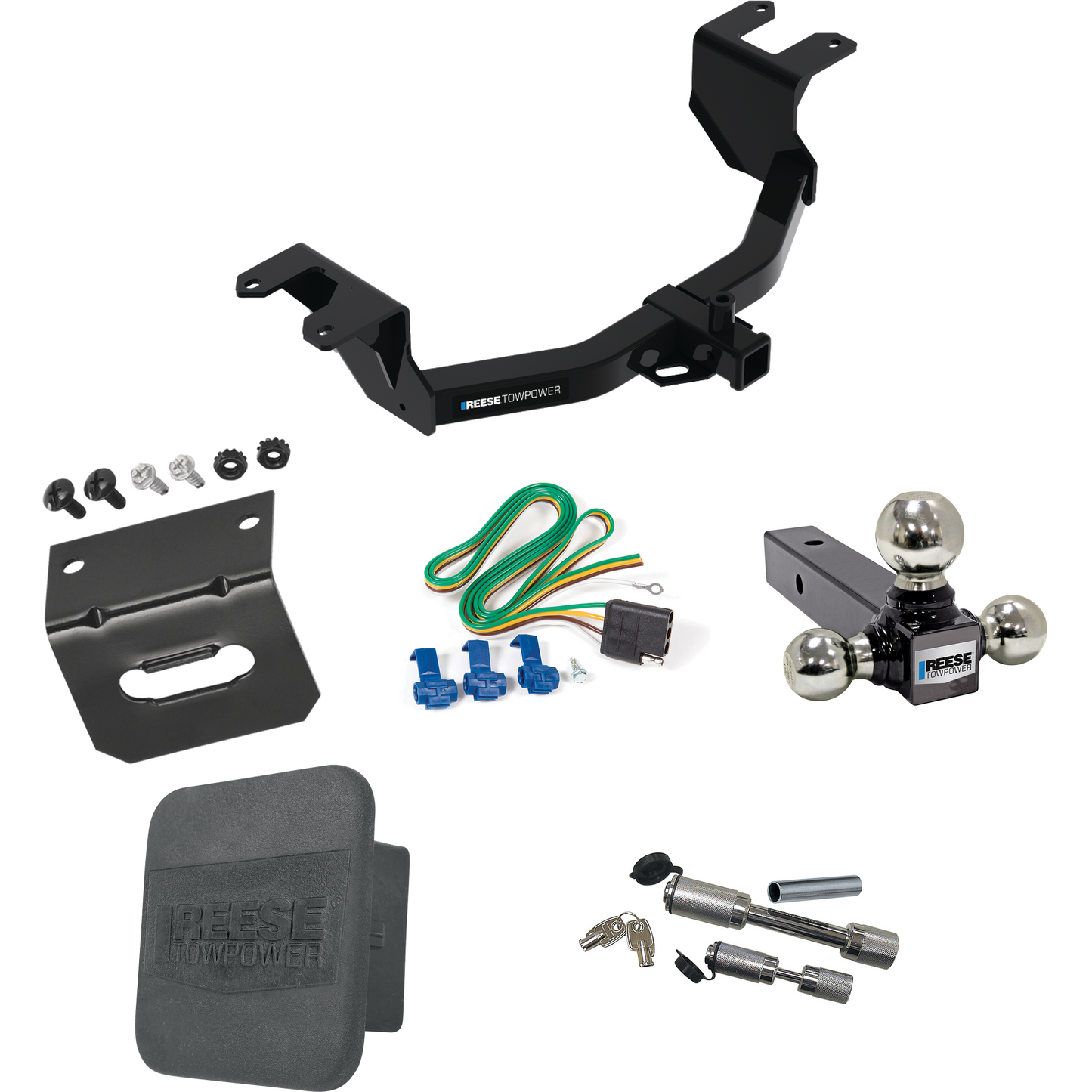 Fits 2019-2023 Chevrolet Silverado 1500 Trailer Hitch Tow PKG w/ 4-Flat Wiring Harness + Triple Ball Ball Mount 1-7/8" & 2" & 2-5/16" Trailer Balls + Dual Hitch & Coupler Locks + Hitch Cover + Wiring Bracket By Reese Towpower