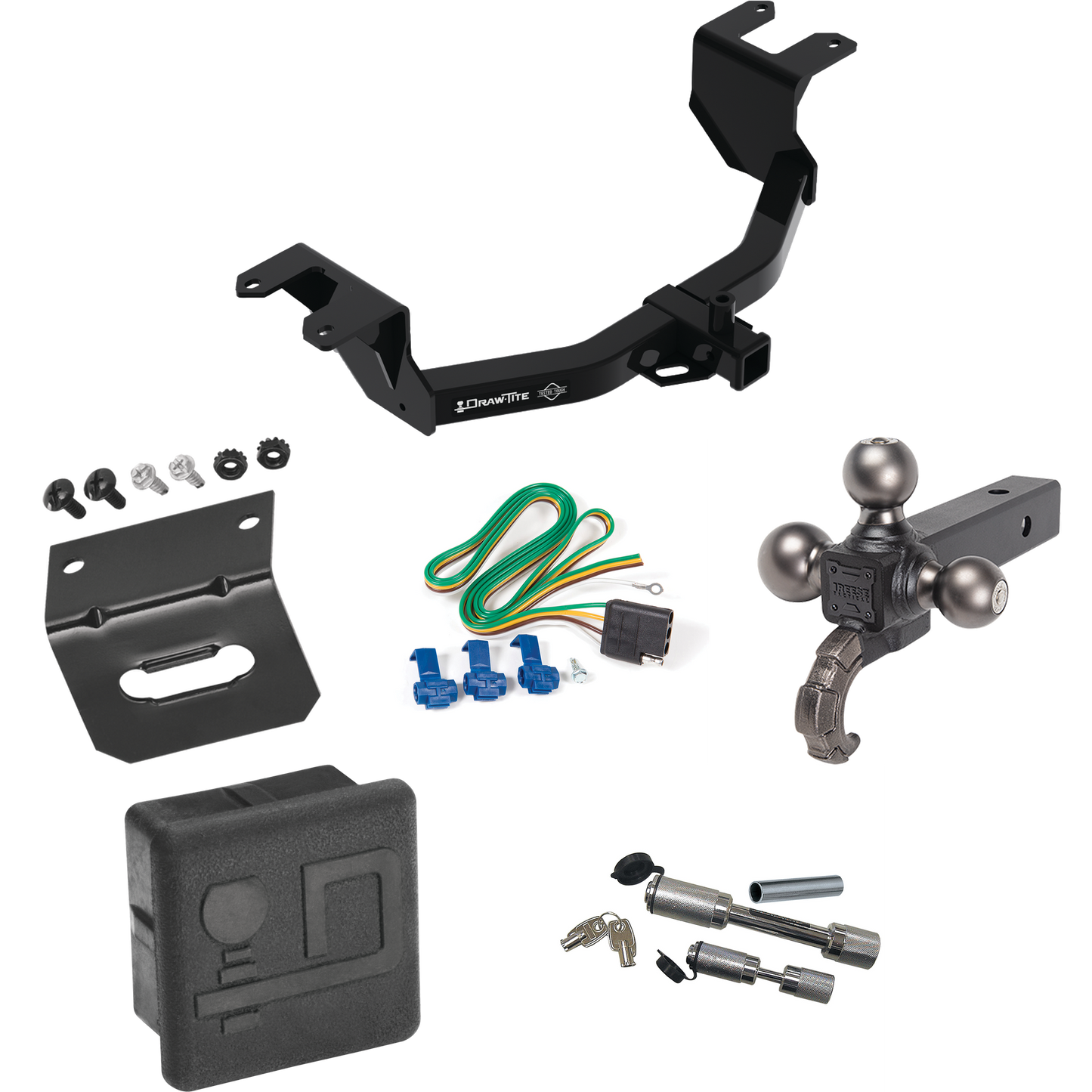 Fits 2019-2023 GMC Sierra 1500 Trailer Hitch Tow PKG w/ 4-Flat Wiring Harness + Triple Ball Ball Mount 1-7/8" & 2" & 2-5/16" Trailer Balls w/ Tow Hook + Dual Hitch & Coupler Locks + Hitch Cover + Wiring Bracket By Draw-Tite