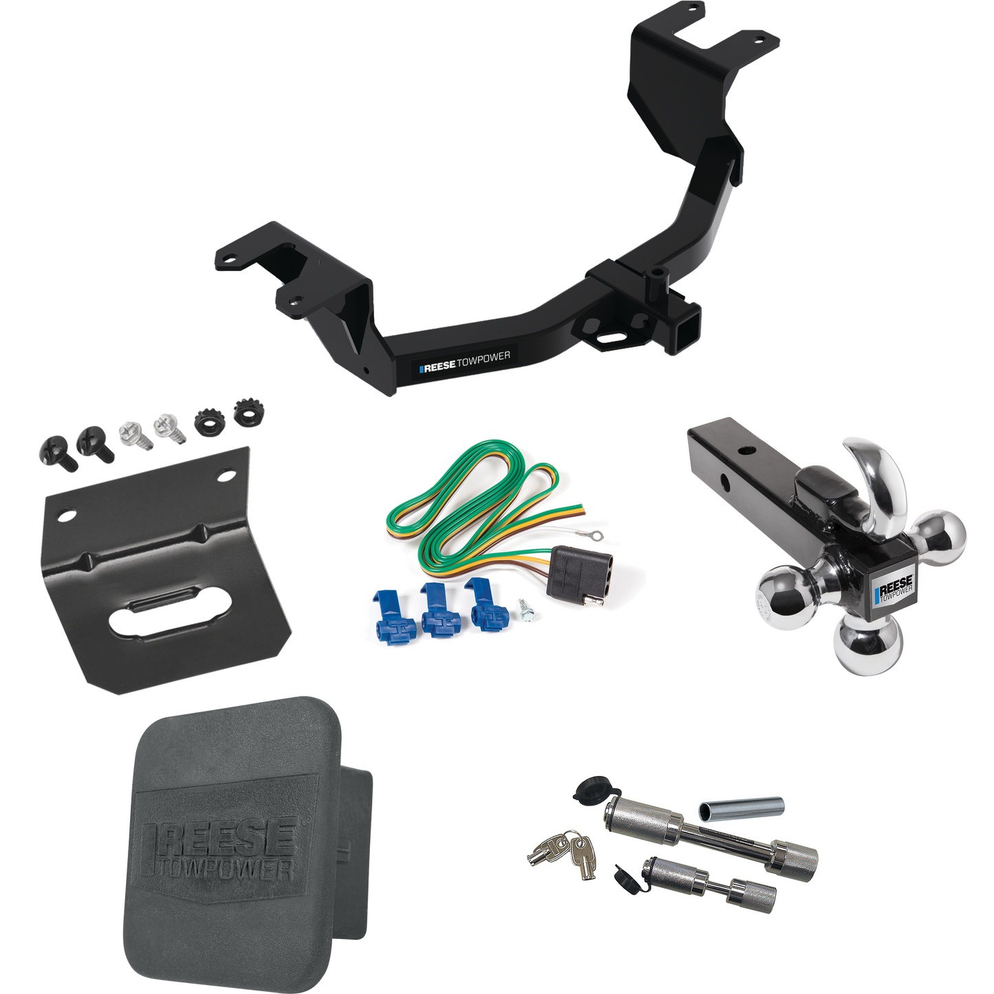 Fits 2019-2023 GMC Sierra 1500 Trailer Hitch Tow PKG w/ 4-Flat Wiring Harness + Triple Ball Ball Mount 1-7/8" & 2" & 2-5/16" Trailer Balls w/ Tow Hook + Dual Hitch & Coupler Locks + Hitch Cover + Wiring Bracket By Reese Towpower