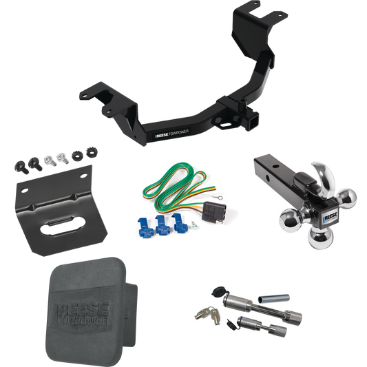 Fits 2019-2023 GMC Sierra 1500 Trailer Hitch Tow PKG w/ 4-Flat Wiring Harness + Triple Ball Ball Mount 1-7/8" & 2" & 2-5/16" Trailer Balls w/ Tow Hook + Dual Hitch & Coupler Locks + Hitch Cover + Wiring Bracket By Reese Towpower