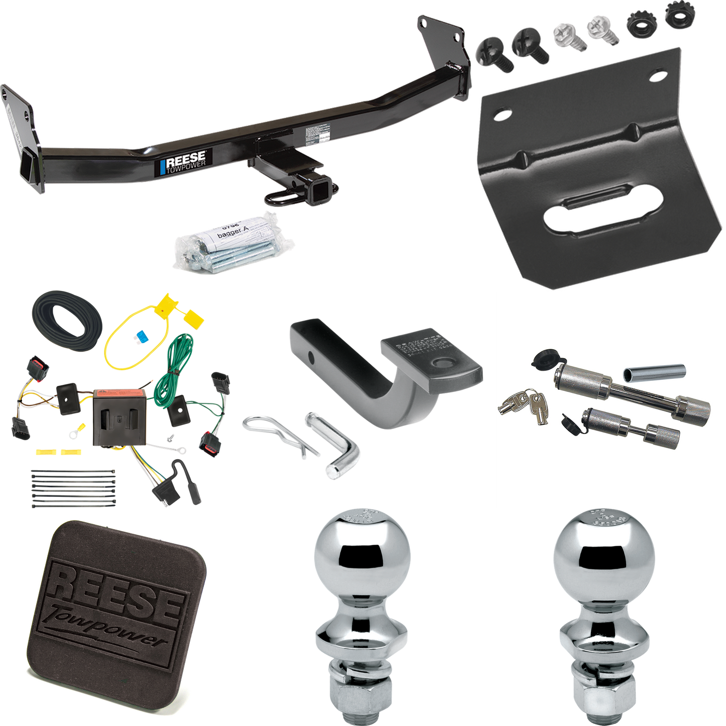 Fits 2008-2017 Jeep Patriot Trailer Hitch Tow PKG w/ 4-Flat Wiring Harness + Draw-Bar + 1-7/8" + 2" Ball + Wiring Bracket + Hitch Cover + Dual Hitch & Coupler Locks By Reese Towpower