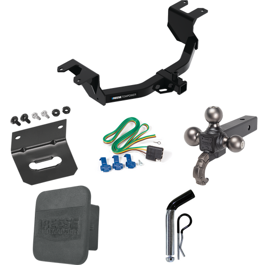 Fits 2019-2023 GMC Sierra 1500 Trailer Hitch Tow PKG w/ 4-Flat Wiring Harness + Triple Ball Ball Mount 1-7/8" & 2" & 2-5/16" Trailer Balls w/ Tow Hook + Pin/Clip + Hitch Cover + Wiring Bracket By Reese Towpower