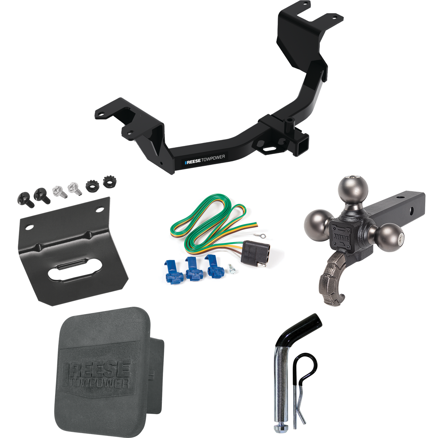 Fits 2019-2023 GMC Sierra 1500 Trailer Hitch Tow PKG w/ 4-Flat Wiring Harness + Triple Ball Ball Mount 1-7/8" & 2" & 2-5/16" Trailer Balls w/ Tow Hook + Pin/Clip + Hitch Cover + Wiring Bracket By Reese Towpower