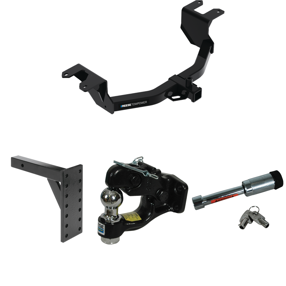 Fits 2019-2023 GMC Sierra 1500 Trailer Hitch Tow PKG w/ 7 Hole Pintle Hook Mounting Plate + Pintle Hook & 1-7/8" Ball Combination + Hitch Lock By Reese Towpower