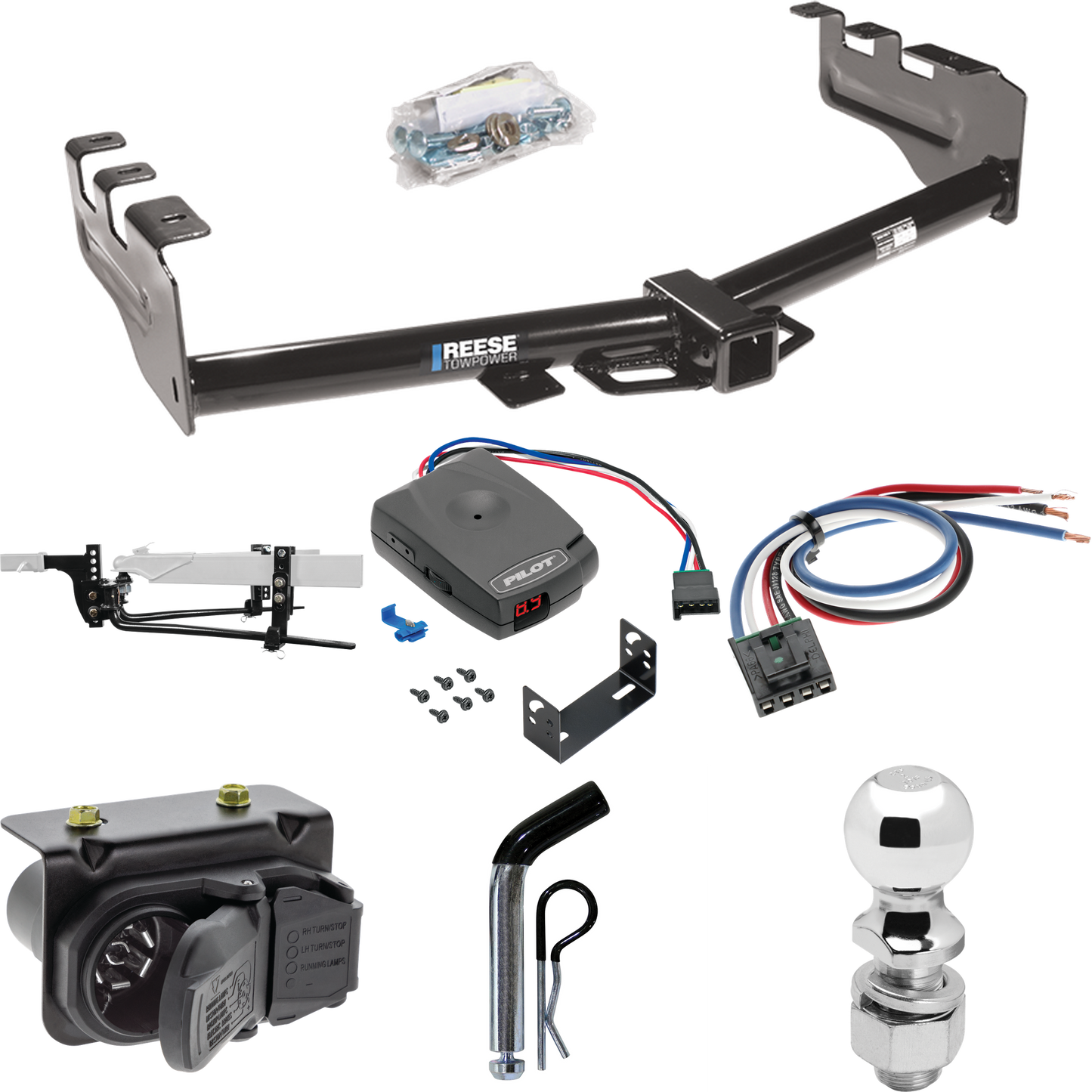 Fits 2007-2013 Chevrolet Silverado 1500 Trailer Hitch Tow PKG w/ 8K Round Bar Weight Distribution Hitch w/ 2-5/16" Ball + 2" Ball + Pin/Clip + Pro Series Pilot Brake Control + Generic BC Wiring Adapter + 7-Way RV Wiring By Reese Towpower