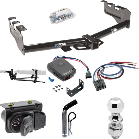 Fits 2007-2013 Chevrolet Silverado 1500 Trailer Hitch Tow PKG w/ 8K Round Bar Weight Distribution Hitch w/ 2-5/16" Ball + 2" Ball + Pin/Clip + Pro Series Pilot Brake Control + Generic BC Wiring Adapter + 7-Way RV Wiring By Reese Towpower