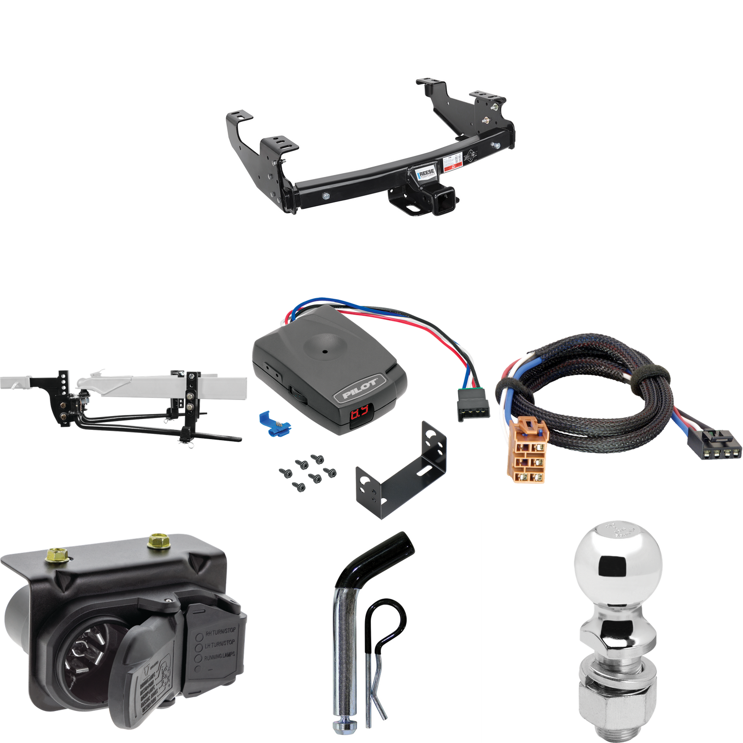 Fits 1999-2002 Chevrolet Silverado 1500 Trailer Hitch Tow PKG w/ 8K Round Bar Weight Distribution Hitch w/ 2-5/16" Ball + 2" Ball + Pin/Clip + Pro Series Pilot Brake Control + Plug & Play BC Adapter + 7-Way RV Wiring By Reese Towpower