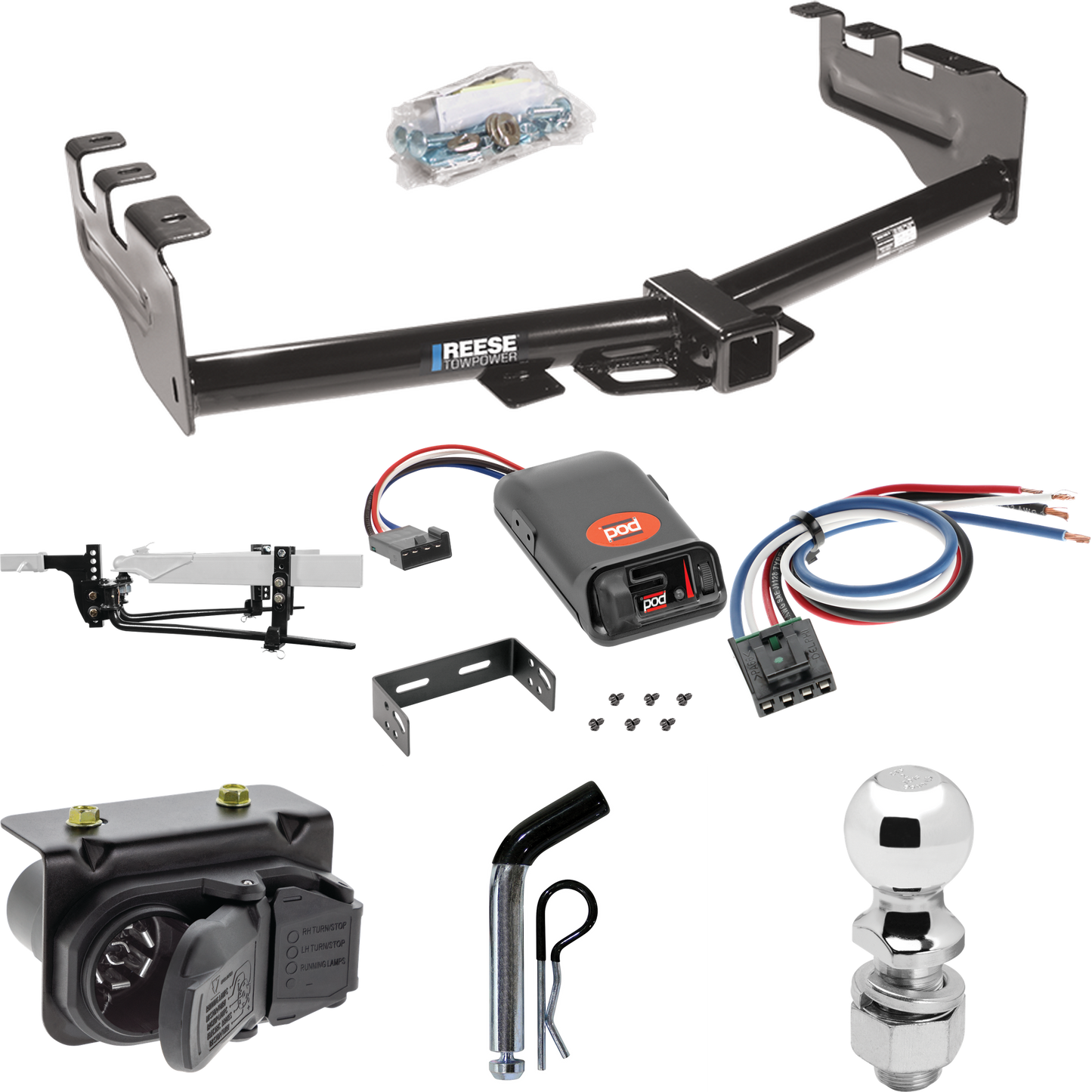 Fits 2007-2013 GMC Sierra 1500 Trailer Hitch Tow PKG w/ 8K Round Bar Weight Distribution Hitch w/ 2-5/16" Ball + 2" Ball + Pin/Clip + Pro Series POD Brake Control + Generic BC Wiring Adapter + 7-Way RV Wiring By Reese Towpower