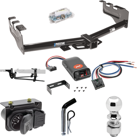 Fits 2007-2013 GMC Sierra 1500 Trailer Hitch Tow PKG w/ 8K Round Bar Weight Distribution Hitch w/ 2-5/16" Ball + 2" Ball + Pin/Clip + Pro Series POD Brake Control + Generic BC Wiring Adapter + 7-Way RV Wiring By Reese Towpower