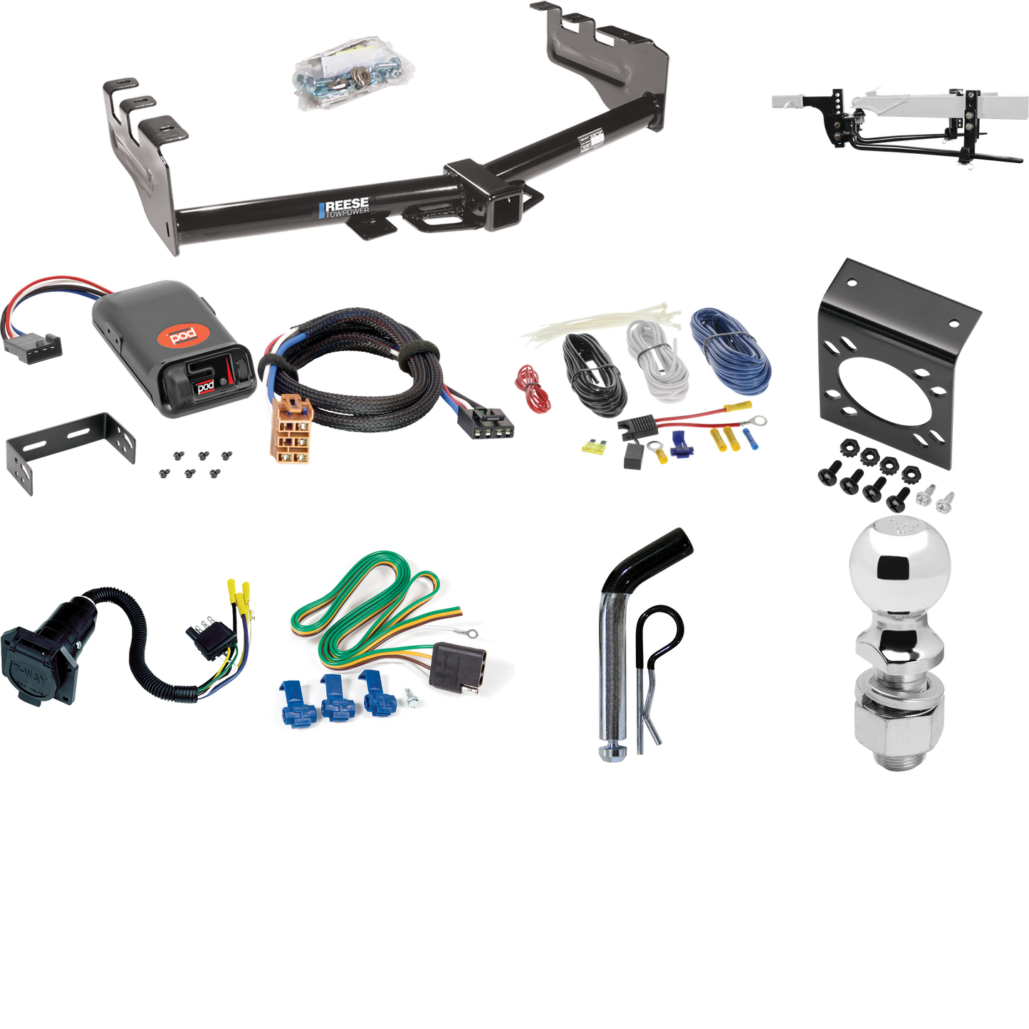 Fits 1999-2002 Chevrolet Silverado 1500 Trailer Hitch Tow PKG w/ 8K Round Bar Weight Distribution Hitch w/ 2-5/16" Ball + 2" Ball + Pin/Clip + Pro Series POD Brake Control + Plug & Play BC Adapter + 7-Way RV Wiring By Reese Towpower