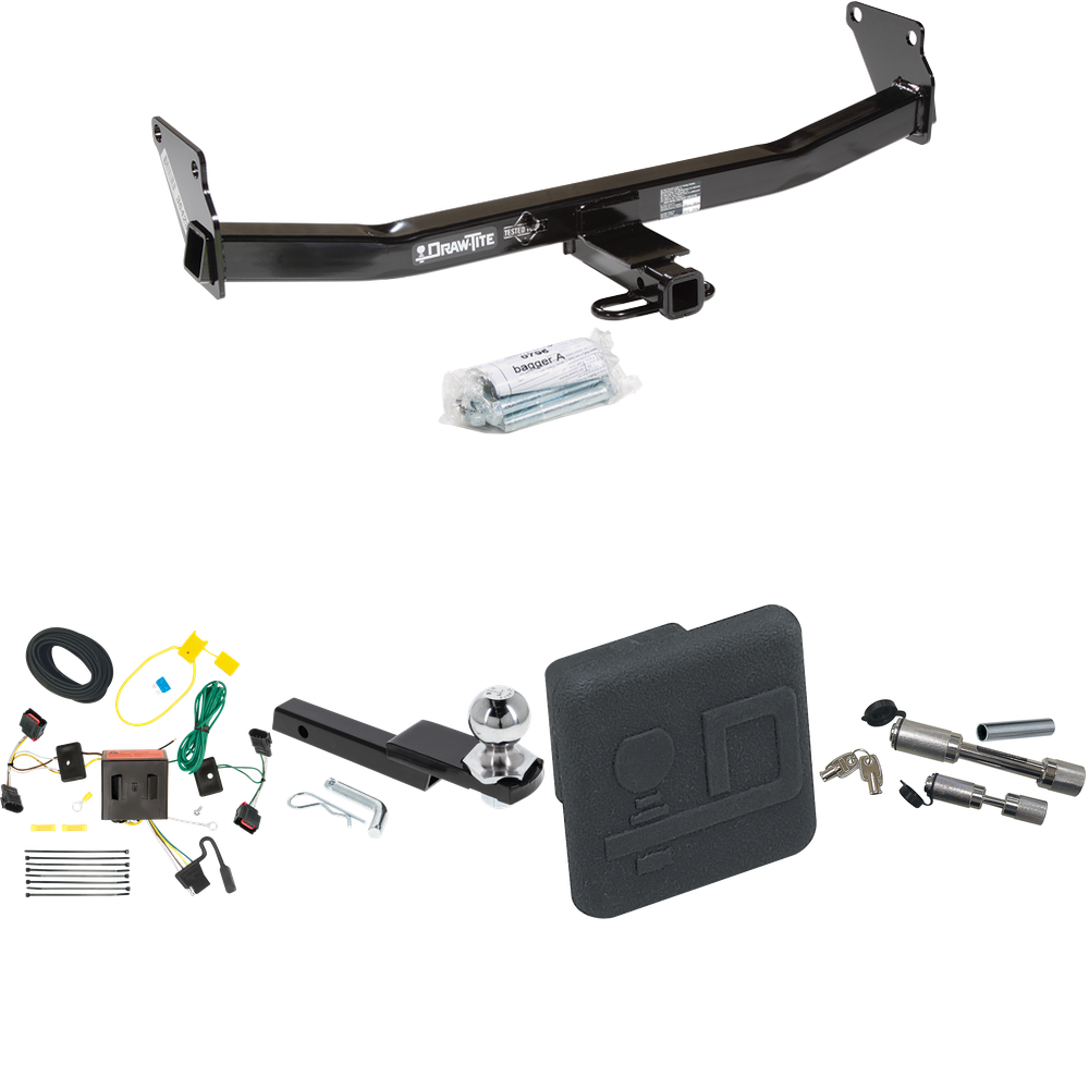 Fits 2008-2017 Jeep Patriot Trailer Hitch Tow PKG w/ 4-Flat Wiring Harness + Interlock Starter Kit w/ 2" Ball 1-1/4" Drop 3/4" Rise + Hitch Cover + Dual Hitch & Coupler Locks By Draw-Tite