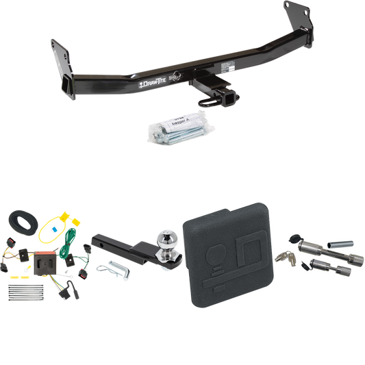 Fits 2008-2017 Jeep Patriot Trailer Hitch Tow PKG w/ 4-Flat Wiring Harness + Interlock Starter Kit w/ 2" Ball 1-1/4" Drop 3/4" Rise + Hitch Cover + Dual Hitch & Coupler Locks By Draw-Tite