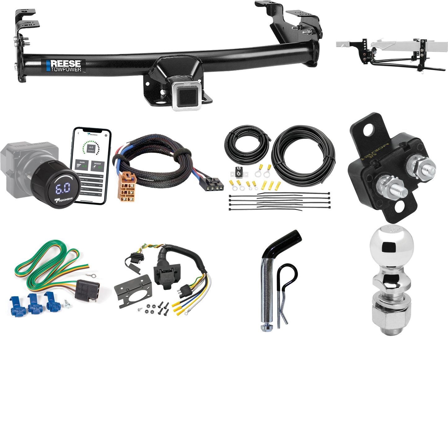 Fits 1999-2002 Chevrolet Silverado 2500 Trailer Hitch Tow PKG w/ 8K Round Bar Weight Distribution Hitch w/ 2-5/16" Ball + 2" Ball + Pin/Clip + Tekonsha Prodigy iD Bluetooth Wireless Brake Control + Plug & Play BC Adapter + 7-Way RV Wiring By Reese To