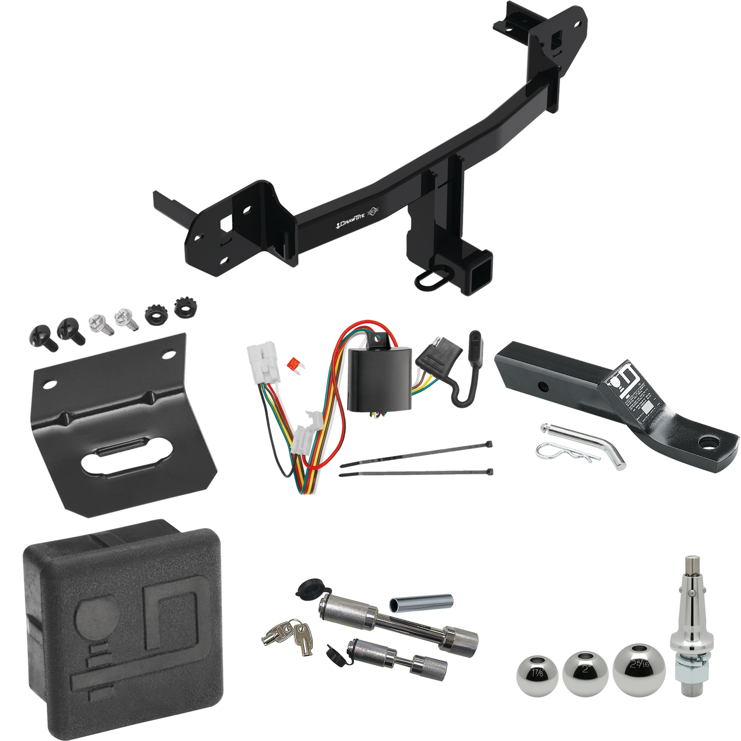 Fits 2020-2023 Subaru Outback Trailer Hitch Tow PKG w/ 4-Flat Wiring + Ball Mount w/ 2" Drop + Interchangeable Ball 1-7/8" & 2" & 2-5/16" + Wiring Bracket + Dual Hitch & Coupler Locks + Hitch Cover (For Wagon Models) By Draw-Tite