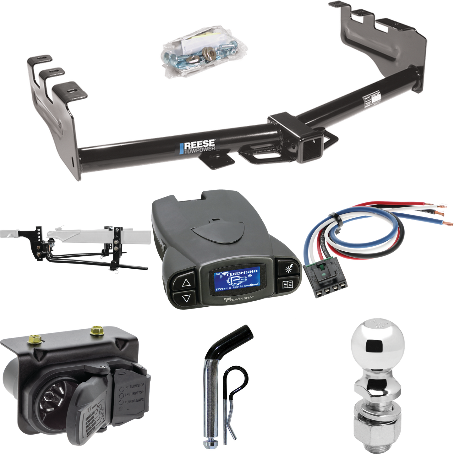 Fits 2007-2013 GMC Sierra 1500 Trailer Hitch Tow PKG w/ 8K Round Bar Weight Distribution Hitch w/ 2-5/16" Ball + 2" Ball + Pin/Clip + Tekonsha Prodigy P3 Brake Control + Generic BC Wiring Adapter + 7-Way RV Wiring By Reese Towpower