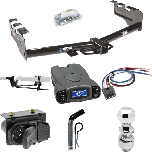 Fits 2007-2013 GMC Sierra 1500 Trailer Hitch Tow PKG w/ 8K Round Bar Weight Distribution Hitch w/ 2-5/16" Ball + 2" Ball + Pin/Clip + Tekonsha Prodigy P3 Brake Control + Generic BC Wiring Adapter + 7-Way RV Wiring By Reese Towpower