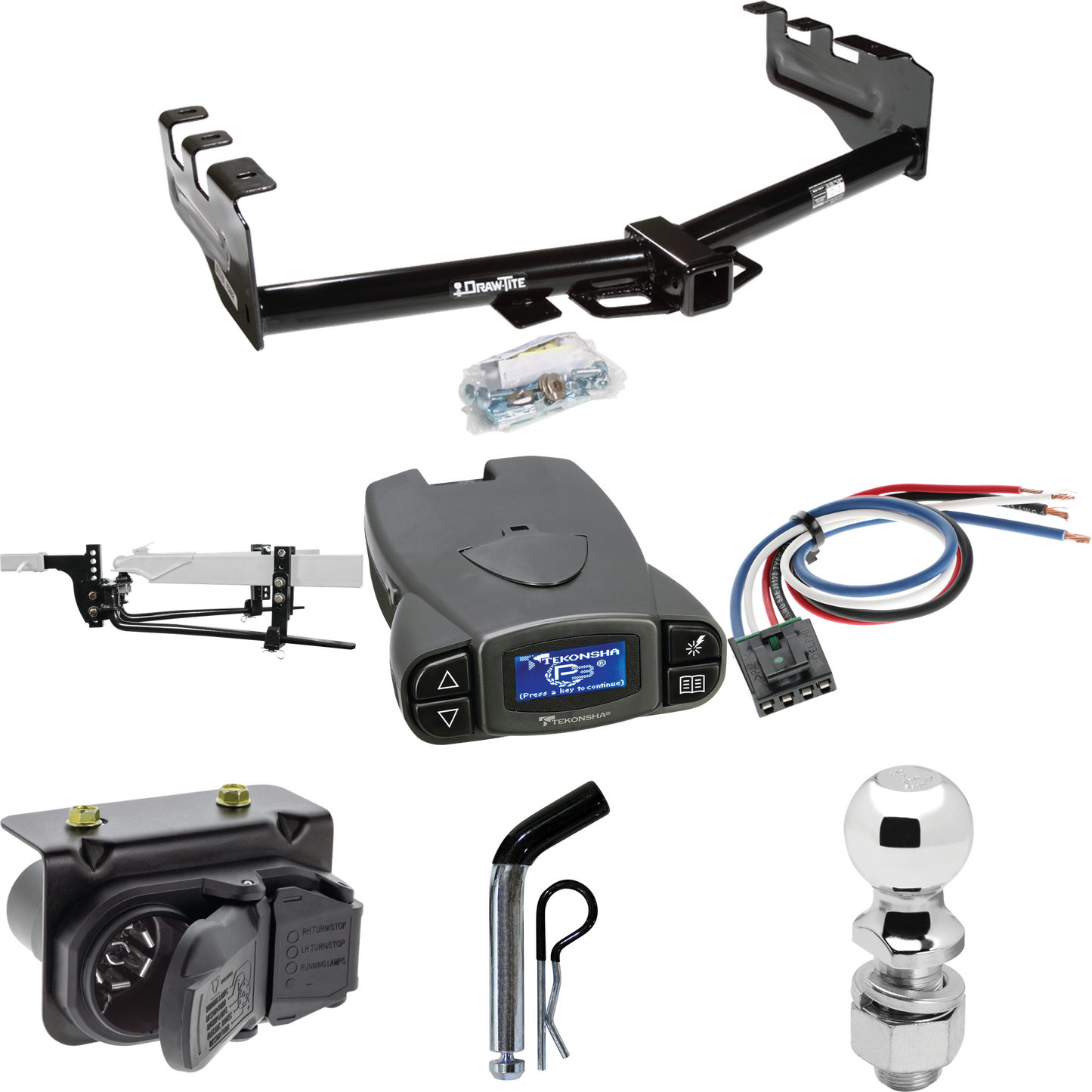 Fits 2007-2013 Chevrolet Silverado 1500 Trailer Hitch Tow PKG w/ 8K Round Bar Weight Distribution Hitch w/ 2-5/16" Ball + 2" Ball + Pin/Clip + Tekonsha Prodigy P3 Brake Control + Generic BC Wiring Adapter + 7-Way RV Wiring By Draw-Tite