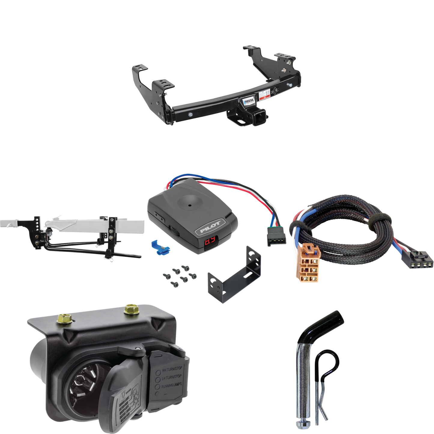 Fits 1999-2002 Chevrolet Silverado 1500 Trailer Hitch Tow PKG w/ 8K Round Bar Weight Distribution Hitch w/ 2-5/16" Ball + Pin/Clip + Pro Series Pilot Brake Control + Plug & Play BC Adapter + 7-Way RV Wiring By Reese Towpower