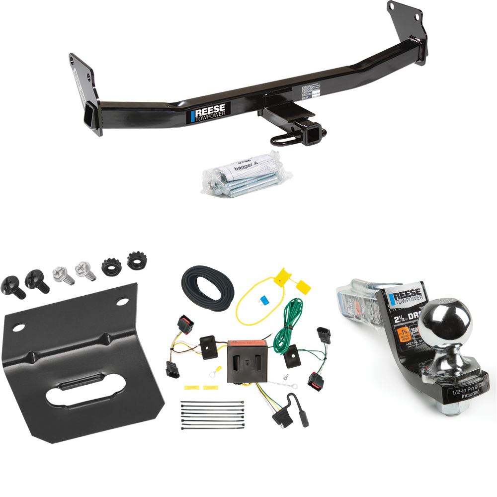 Fits 2008-2017 Jeep Patriot Trailer Hitch Tow PKG w/ 4-Flat Wiring Harness + Interlock Starter Kit w/ 2" Ball 2-1/2" Drop 2" Rise + Wiring Bracket By Reese Towpower