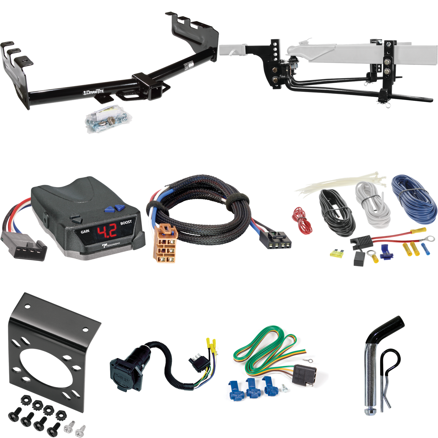 Fits 1999-2002 Chevrolet Silverado 1500 Trailer Hitch Tow PKG w/ 8K Round Bar Weight Distribution Hitch w/ 2-5/16" Ball + Pin/Clip + Tekonsha BRAKE-EVN Brake Control + Plug & Play BC Adapter + 7-Way RV Wiring By Draw-Tite