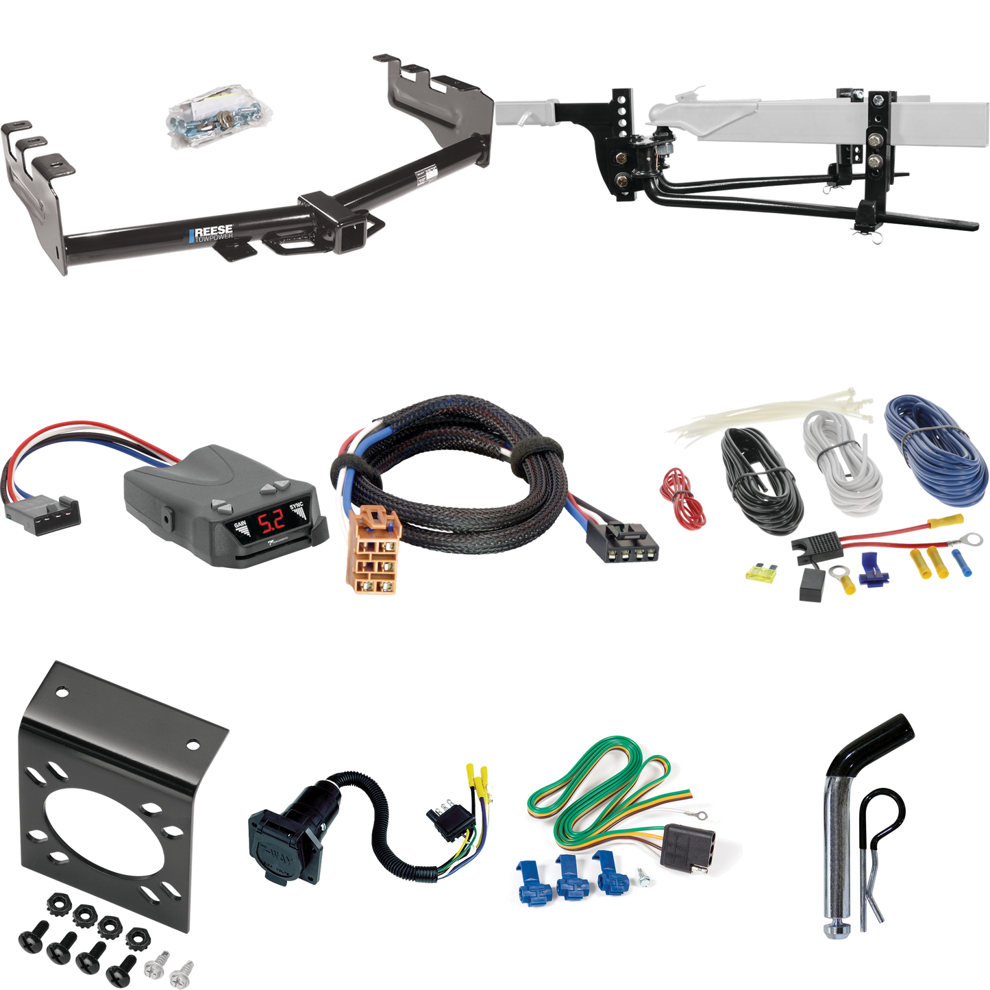 Fits 1999-2002 Chevrolet Silverado 2500 Trailer Hitch Tow PKG w/ 8K Round Bar Weight Distribution Hitch w/ 2-5/16" Ball + Pin/Clip + Tekonsha Brakeman IV Brake Control + Plug & Play BC Adapter + 7-Way RV Wiring By Reese Towpower