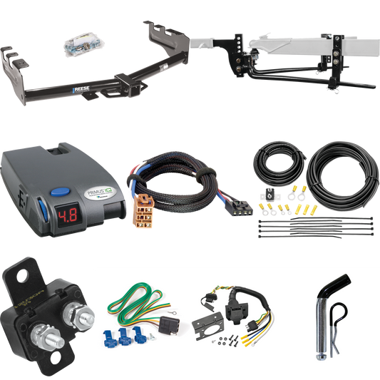 Fits 1999-2002 Chevrolet Silverado 1500 Trailer Hitch Tow PKG w/ 8K Round Bar Weight Distribution Hitch w/ 2-5/16" Ball + Pin/Clip + Tekonsha Primus IQ Brake Control + Plug & Play BC Adapter + 7-Way RV Wiring By Reese Towpower