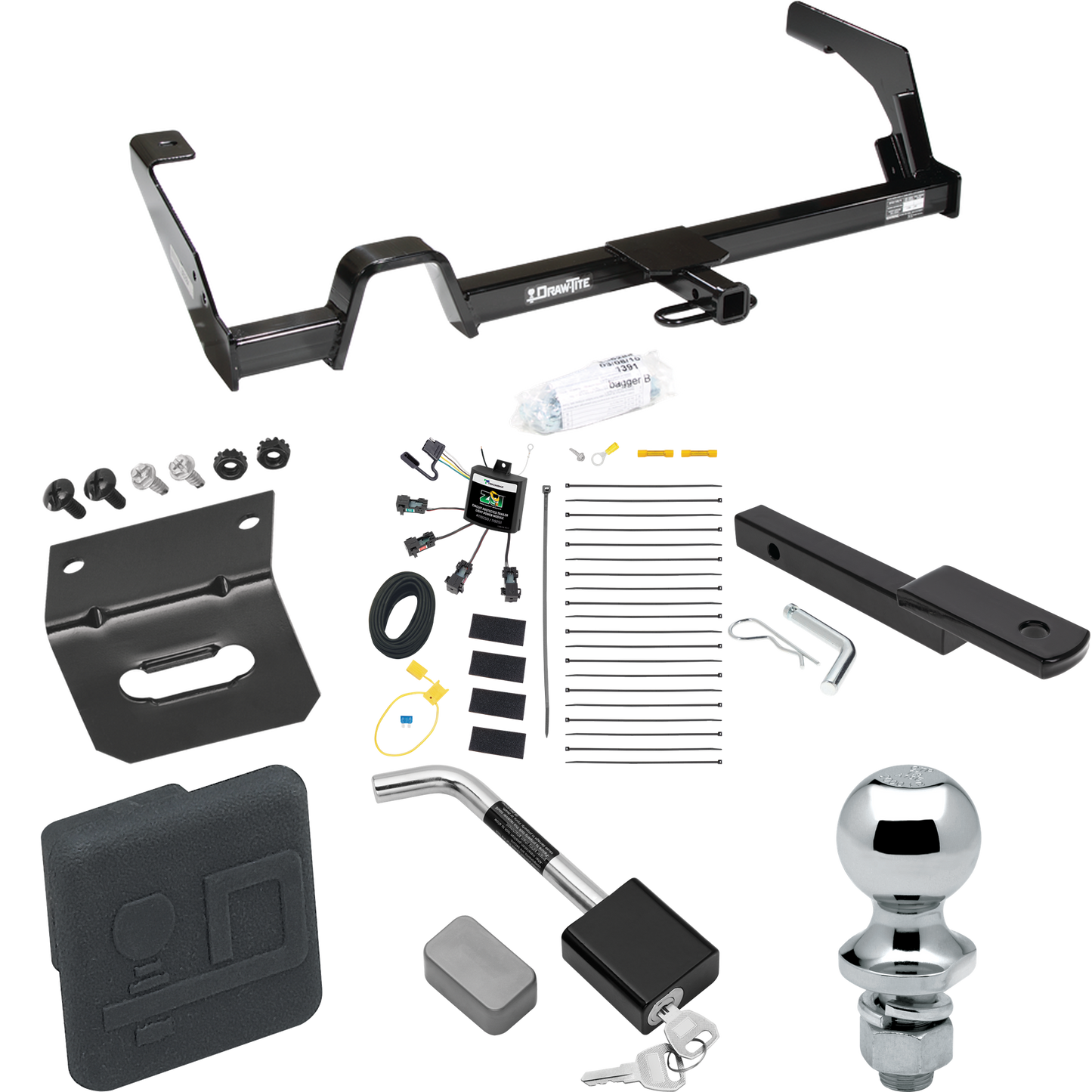 Fits 2000-2004 Subaru Outback Trailer Hitch Tow PKG w/ 4-Flat Zero Contact "No Splice" Wiring Harness + Draw-Bar + 1-7/8" Ball + Wiring Bracket + Hitch Cover + Hitch Lock (For Sedan, Except Sport Models) By Draw-Tite