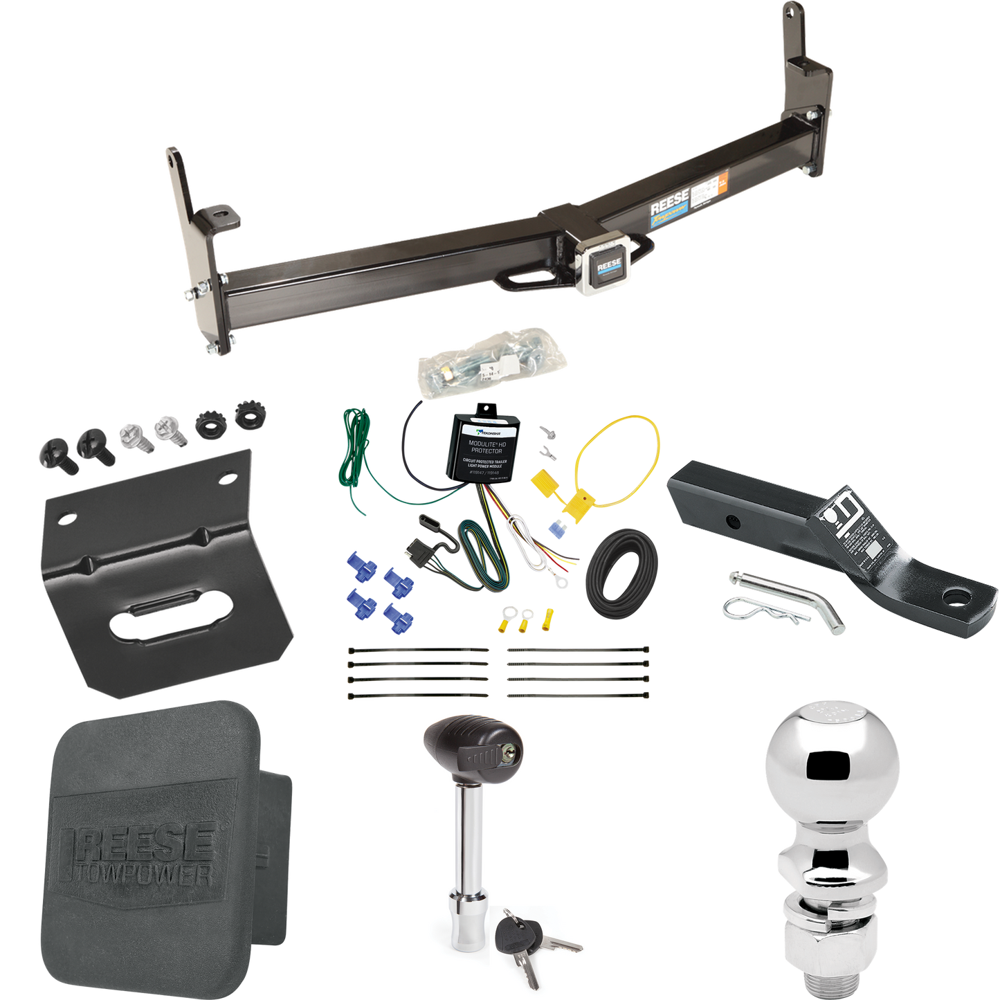 Se adapta al paquete de enganche de remolque Mercury Mountaineer 1997-2001 con cableado de 4 planos + soporte de bola con caída de 2" + bola de 2-5/16" + soporte de cableado + bloqueo de enganche + cubierta de enganche de Reese Towpower