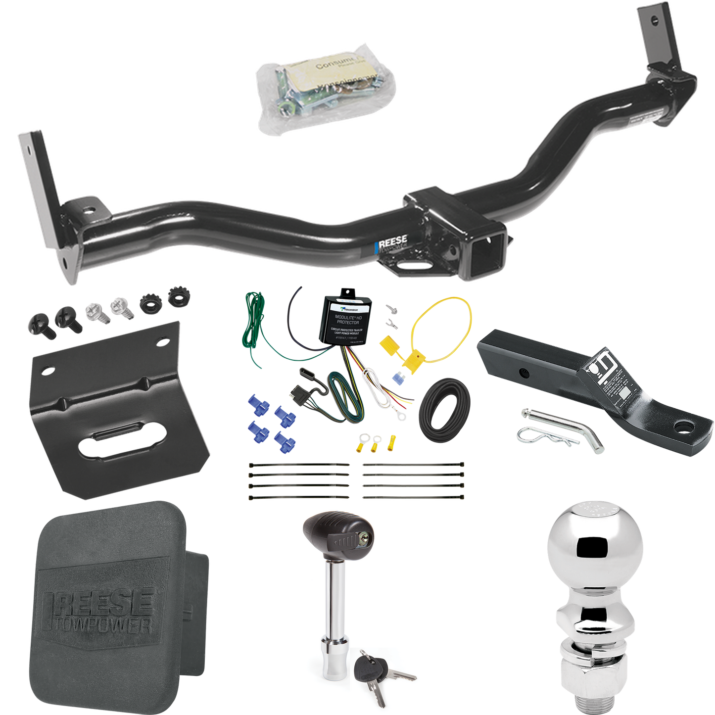 Se adapta al paquete de enganche de remolque Mercury Mountaineer 1997-2001 con cableado de 4 planos + soporte de bola con caída de 2" + bola de 2-5/16" + soporte de cableado + bloqueo de enganche + cubierta de enganche de Reese Towpower